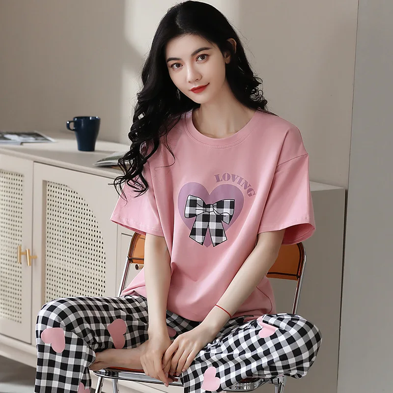 Pajamas with Cushion Female Summer Teenage Girls Cute Sweet Short-Sleeved Long Pants Two-Piece Suit Can Be Worn Outside Home Wea