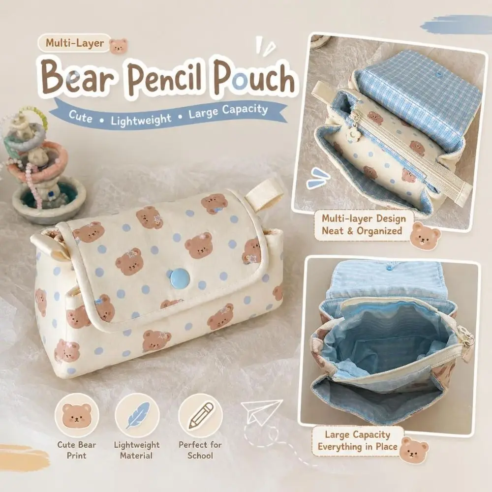 Stylish Multi-Layer Pencil Pouch Bear Printed Button-closure Pen Bag Large Capacity Portable Pencil Case Students Supplies