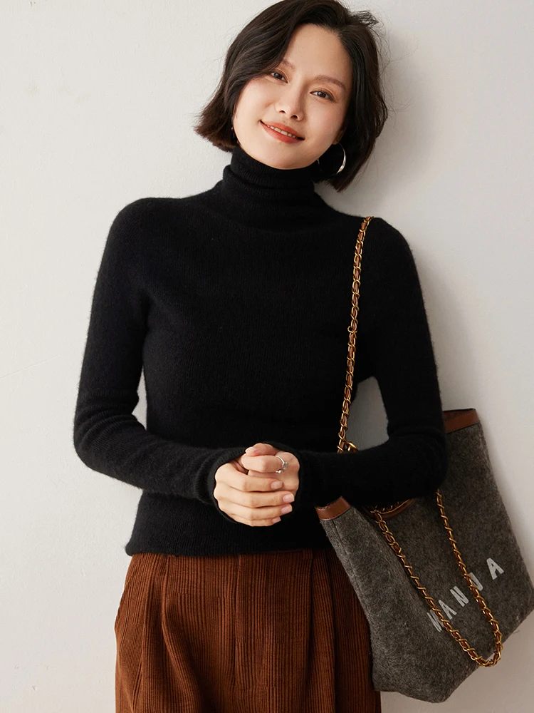 New Chic Autumn Winter Pullover Turtleneck Sweater Women's 100% Cashmere Knitwear Female Grace Slim fit Basic Long Sleeve Tops