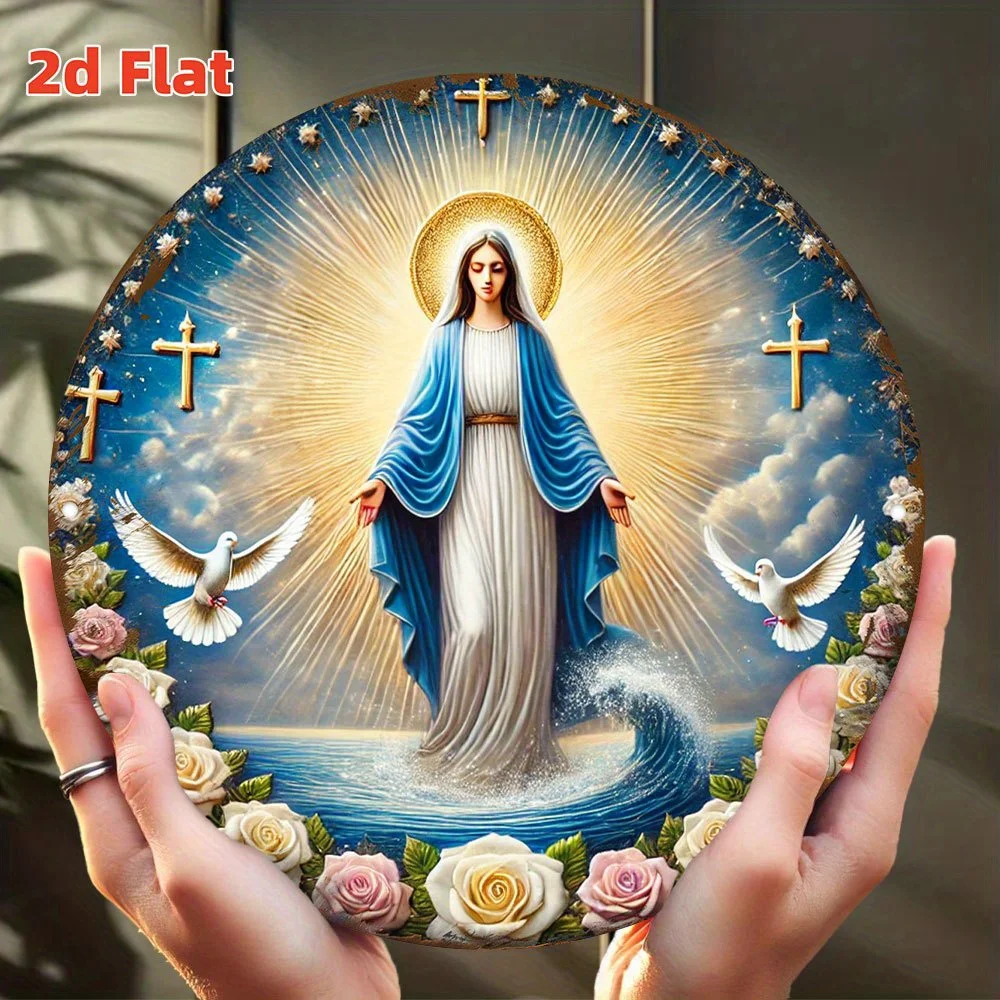 Blessed Virgin Mary 2D Flat High Definition Metal Wall Art Gold Cross Dove Roses Embossed Iron Painting Christian Religious Icon