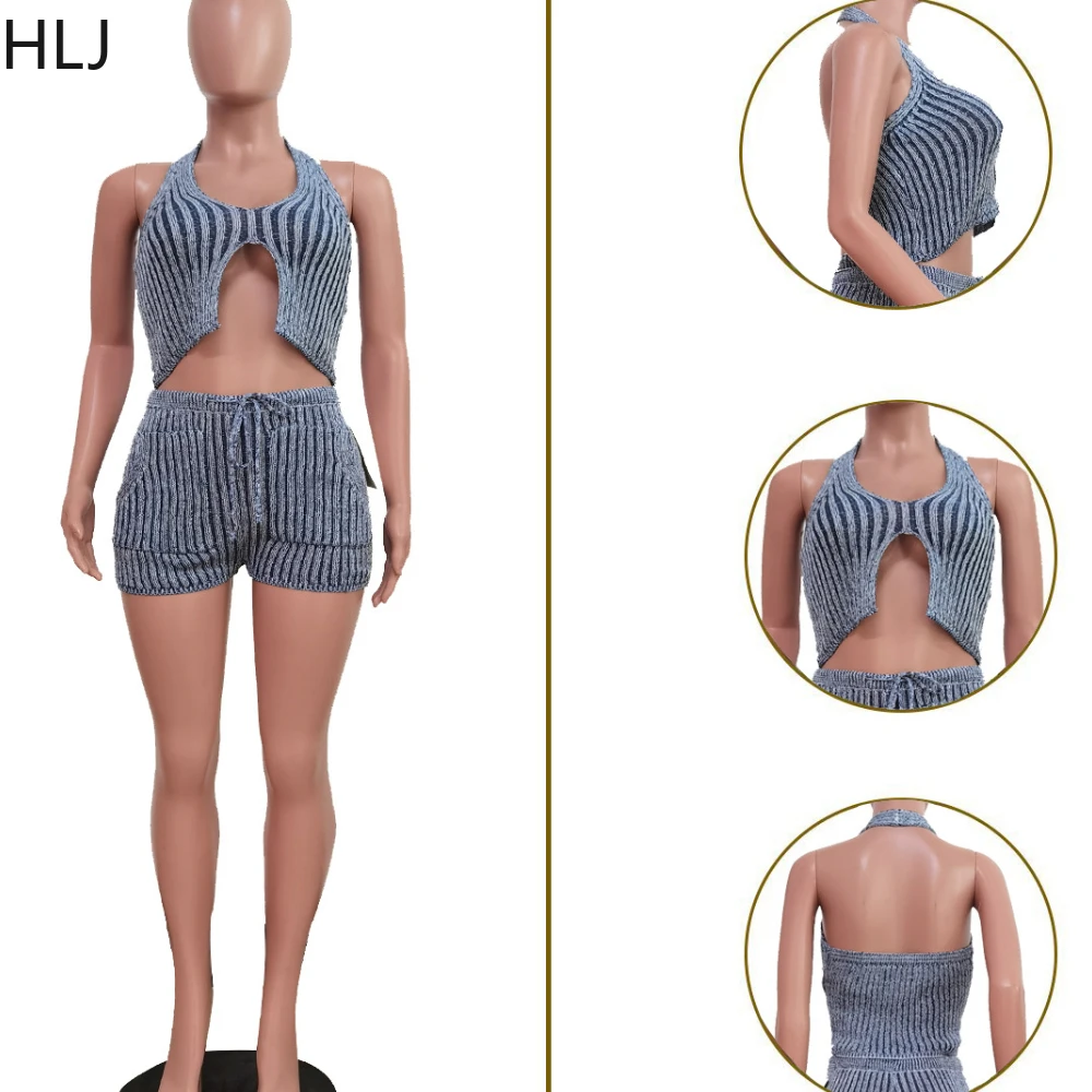 HLJ Fashion Stripe Printing Shorts Two Piece Sets For Women Halter Backless Slim Crop Top And Shorts Outfit Female 2pcs Clothing