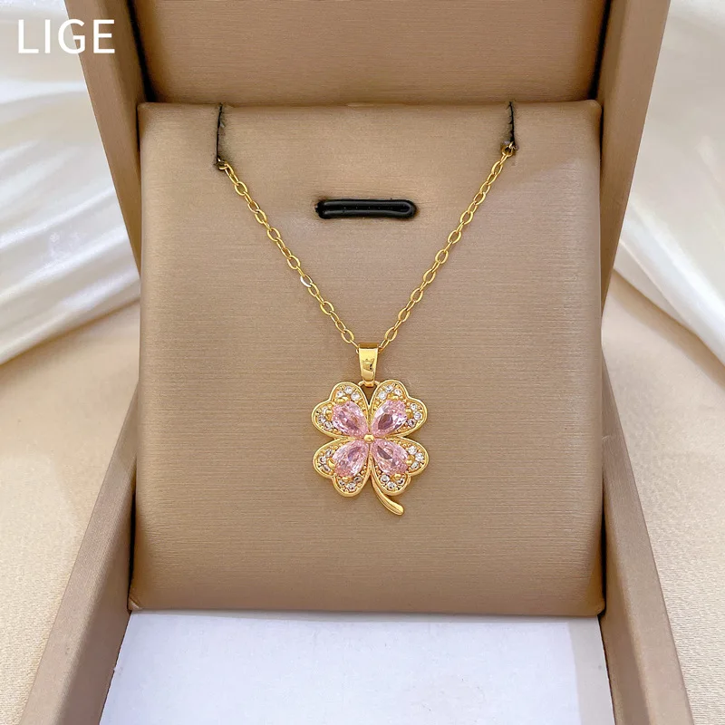 Pink Zircon Lucky Grass Clover Pendant Luxury Gorgeous Necklace Female Collarbone Chain Titanium Steel Woman Jewelry Gift