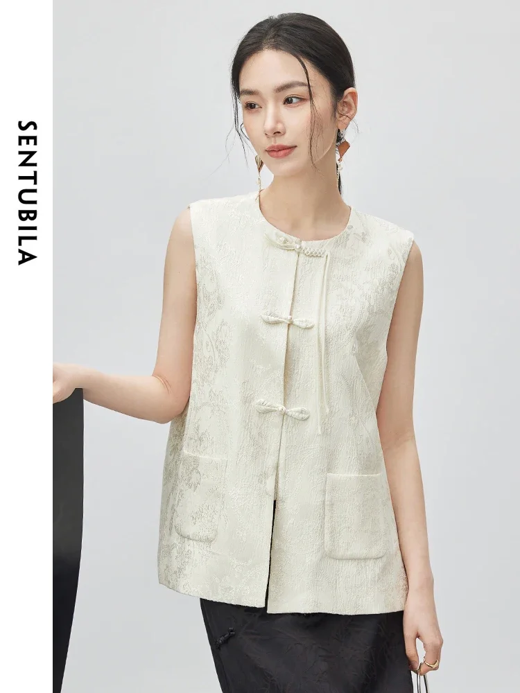 

SENTUBILA Chinese Style Jacquard Waistcoat Vests for Women 2024 Summer Round Neck Single Breasted Sleeveless Jacket 143J57610X