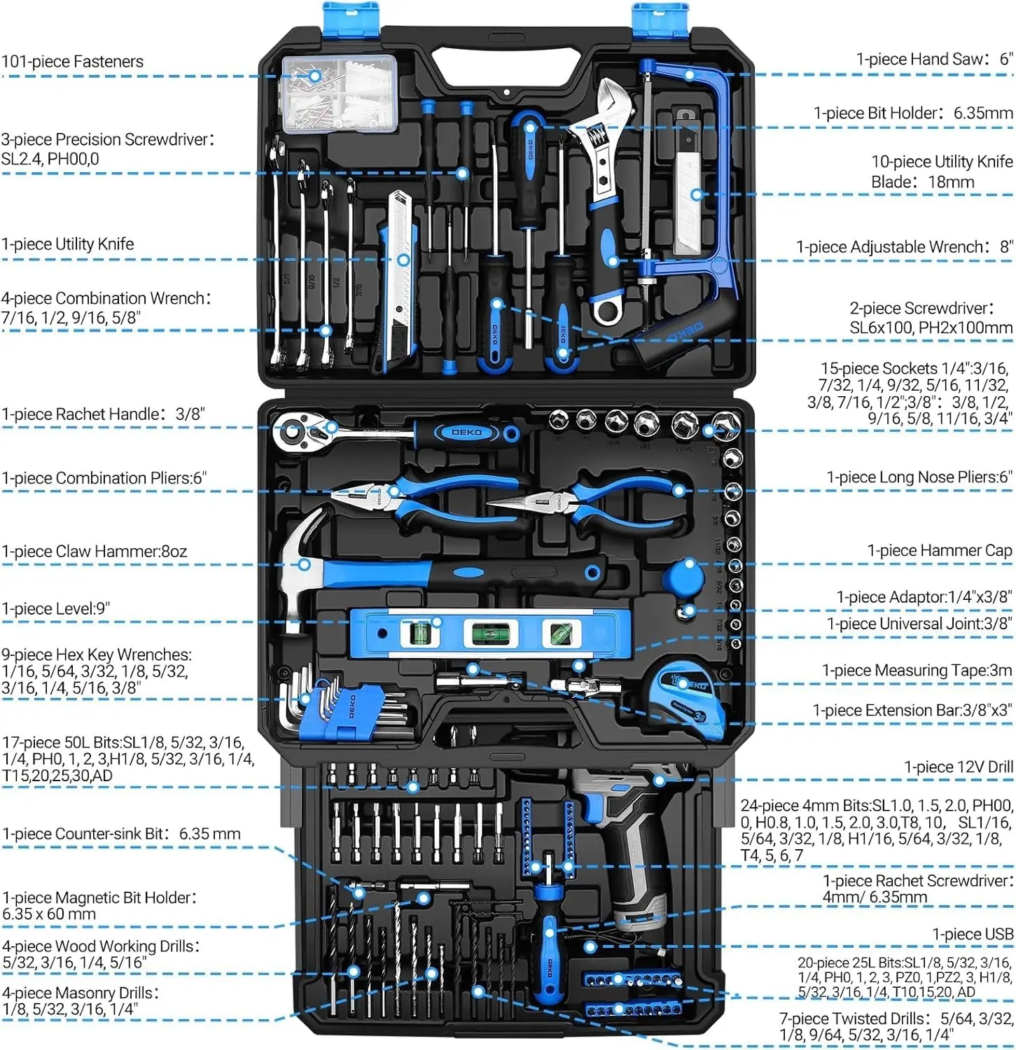 

Tool set: tool kit with 12V cordless drill, manual tool box with storage compartment, household maintenance machinery tool set,