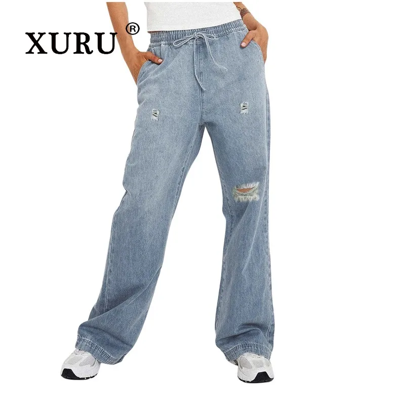 XURU - New Women's Perforated Slim Fit Jeans, Y2k Clothes Fashionable and Personalized Elastic Waist Long Jeans, Men's Pants