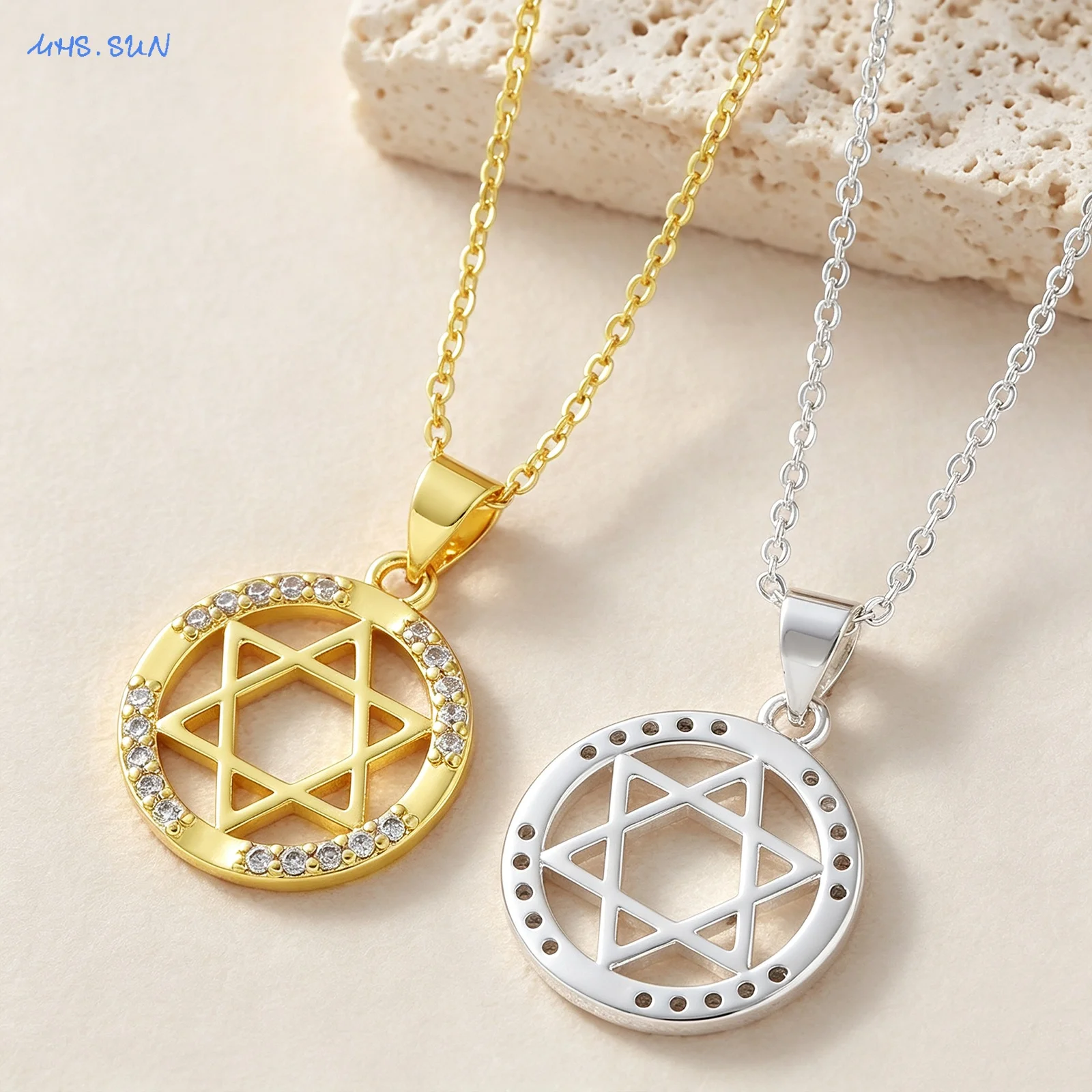 MHS.SUN Fashion Gold Plated Star of David Pendant Necklaces For Women Men Inlaid Zircon Hexagram Chain Jewelry Party Gift