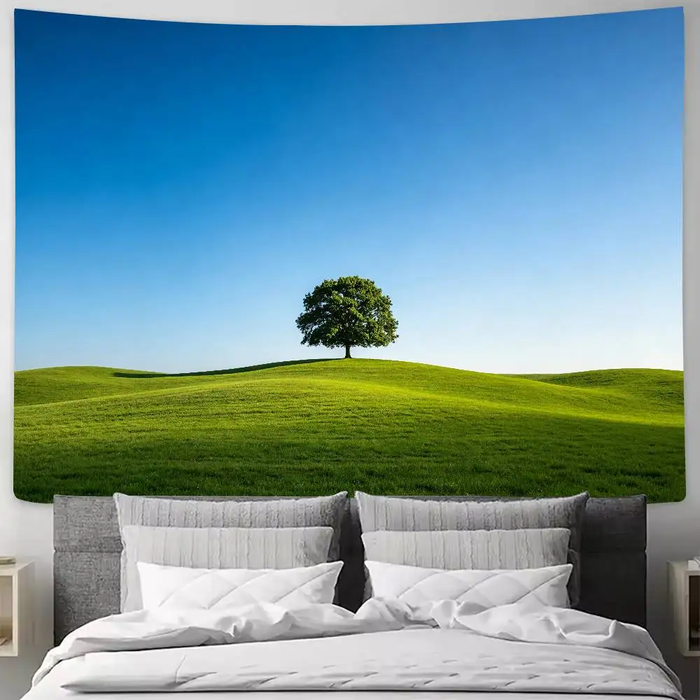 Single Tree Green Grassland Tapestry, Lone Tree On Rolling Meadow Wall Hanging, Clear Blue Sky Nature Landscape Wall Decor