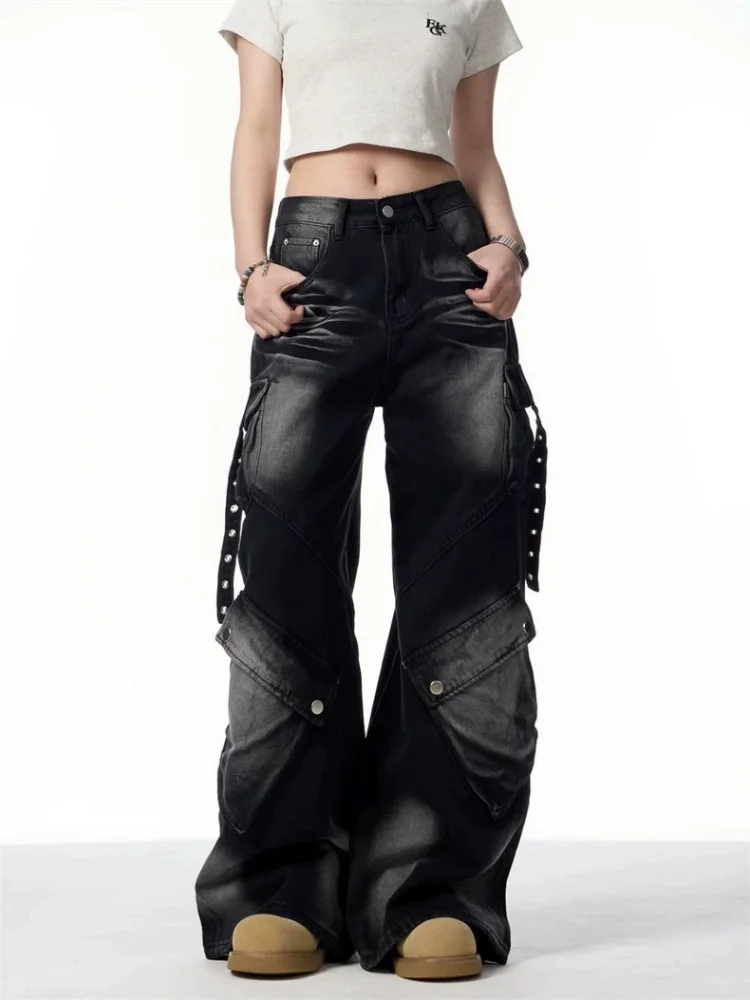 

2025 г., мешковатые черные женские джинсы-карго в американском стиле ретро Y2K, женская одежда, прямые хлопковые длинные брюки в стиле хип-хоп