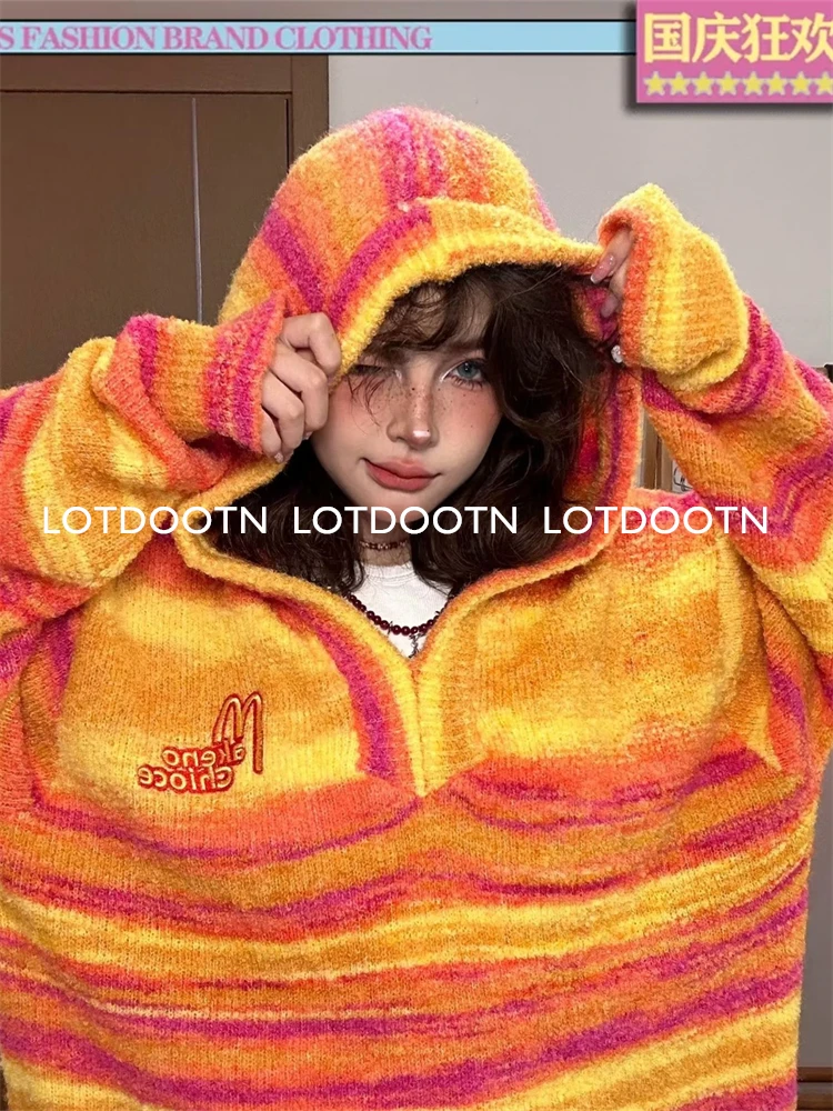 LOTDOOTN strisce colorate felpa con cappuccio lavorata a maglia allentata donna Y2K maglioni invernali Vintage Casual coreano Harajuku Pullover