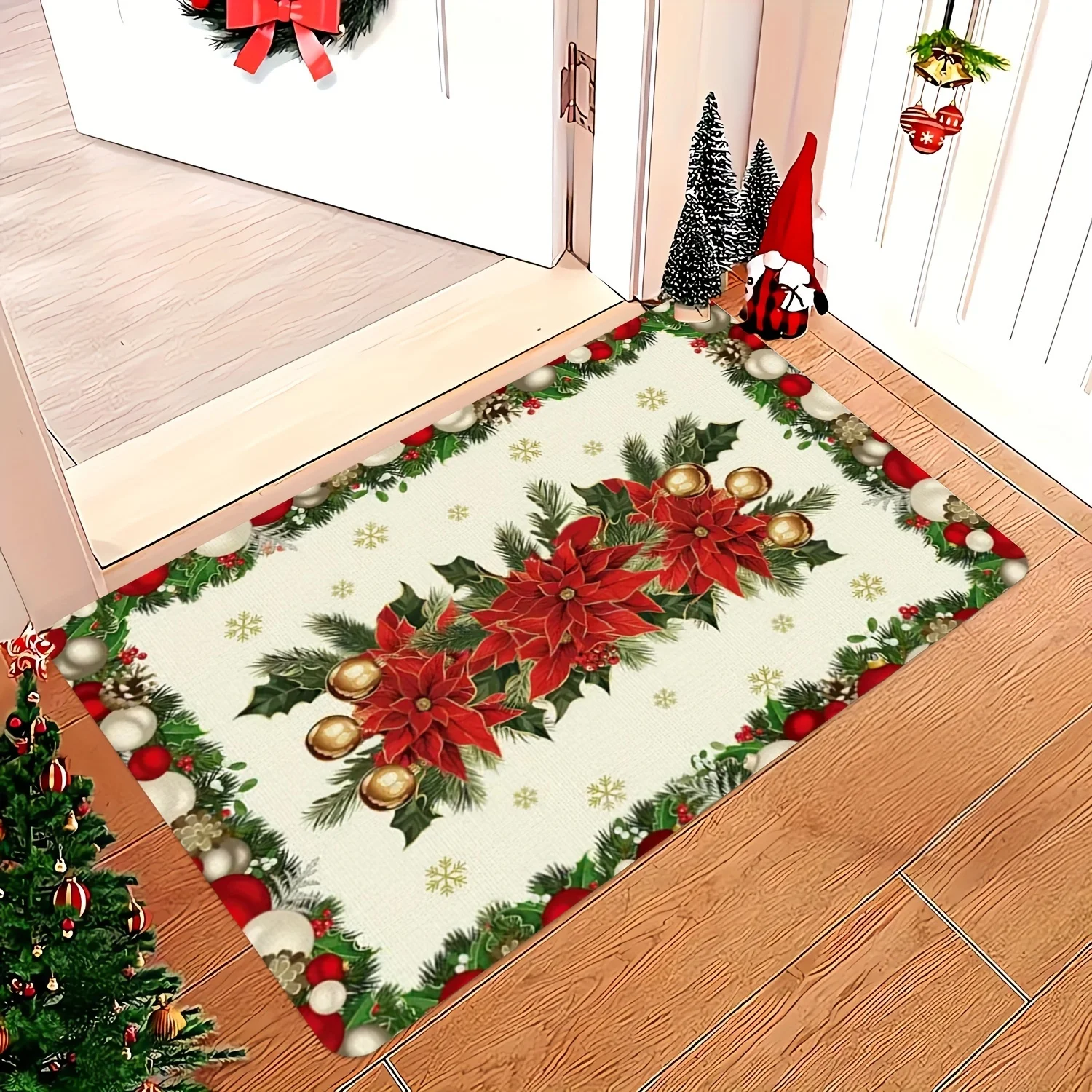 Christmas Poinsettia Holly Print Door Mat Winter Xmas Ball Snowflake Rug Bedroom Kitchen Non-slip Floor Mat Christmas Decoration