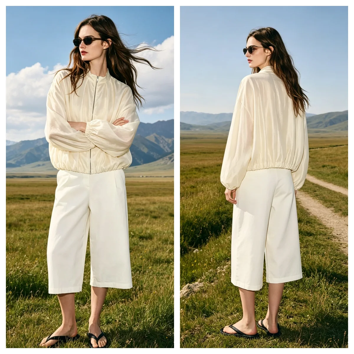 Guobioziy Women's Pleated Flight Jacket 2026 Spring and Autumn New Arrival Off-White Zipper Design European Casual Fashion Daily
