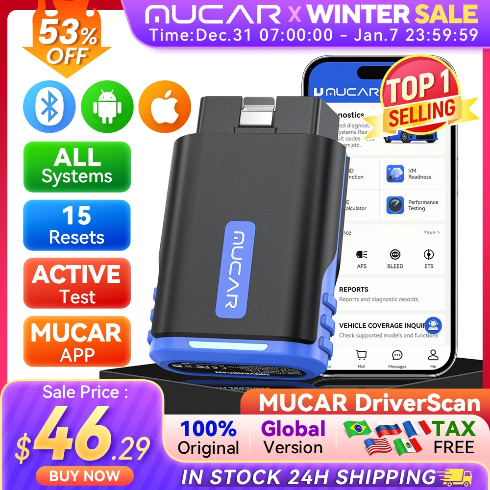 MUCAR DriverScan Bi-directional Bluetooth Scanner Car Diagnostic Tool OBD2 Scanner Active Test Full System 15 Reset Code Reader