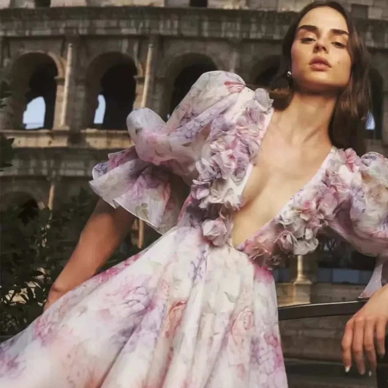 春夏新作セクシーVネックバブルスリーブ3D花柄ウエストシェイプマキシ丈ミディ丈ポリエステル繊維レディースドレス