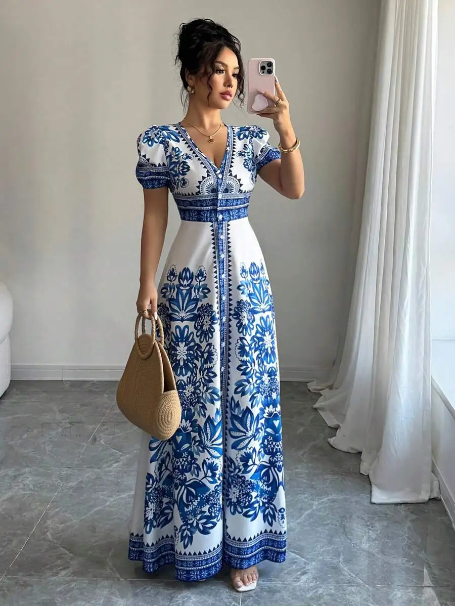 

Blue And White Floral Print V-Neck Puff Sleeve Waist Cinched Elegant Floor-Length Dress
