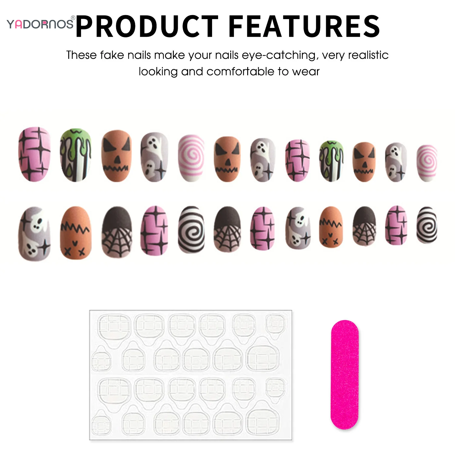 24ชิ้นธีมฮาโลวีนกดบนเล็บผีด้านแมงมุมองค์ประกอบดาวเล็บปลอมสวมใส่ได้เล็บปลอมอัลมอนด์สำหรับสาวร้อน