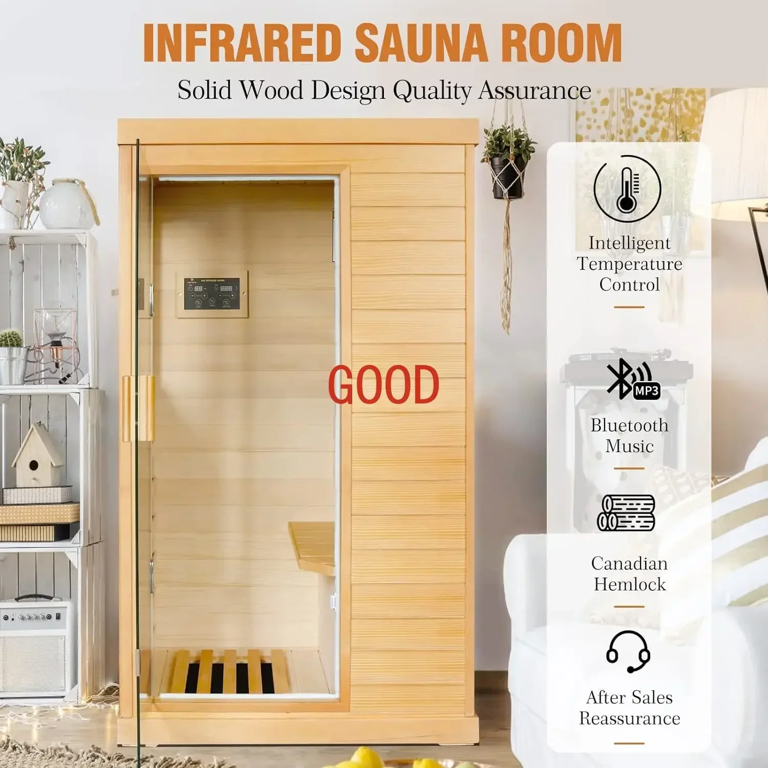TAO Spa Room Low EMF Canadian Hemlock Wood 800W Indoor Saunas with Control Panel and Tempered Glass Door