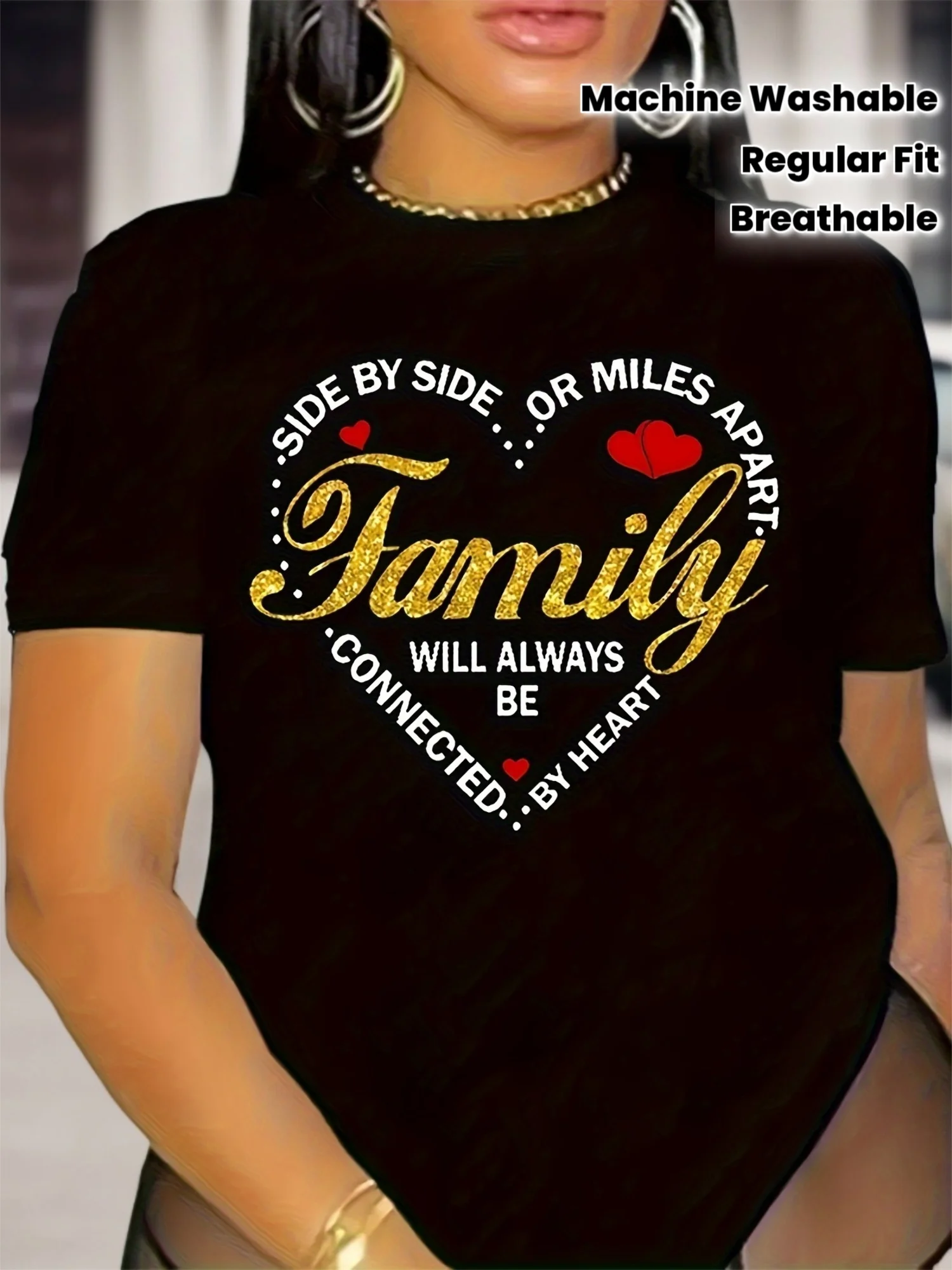 

Golden Glitter Family Love Print, All Seasons, Machine Wash100% Cotton Regular Fit Short Sleeve Round Neck Casual Top for Adults