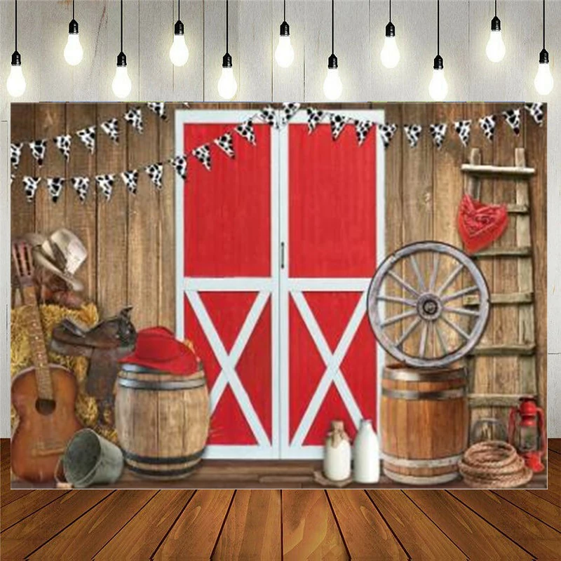 

Durable Fabric Western Cowboy Scene Photography Backdrop Red Barn Door Farm BBQ Party Decoration Background Photo Booth