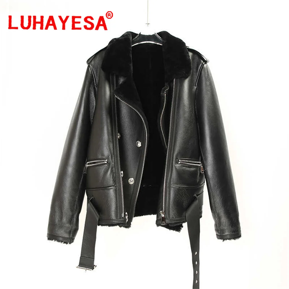 Luhayesa-Veste en peau de mouton mérinos pour femme, vêtements en peau de mouton, noir, cuir véritable, Australie, hiver, 2024