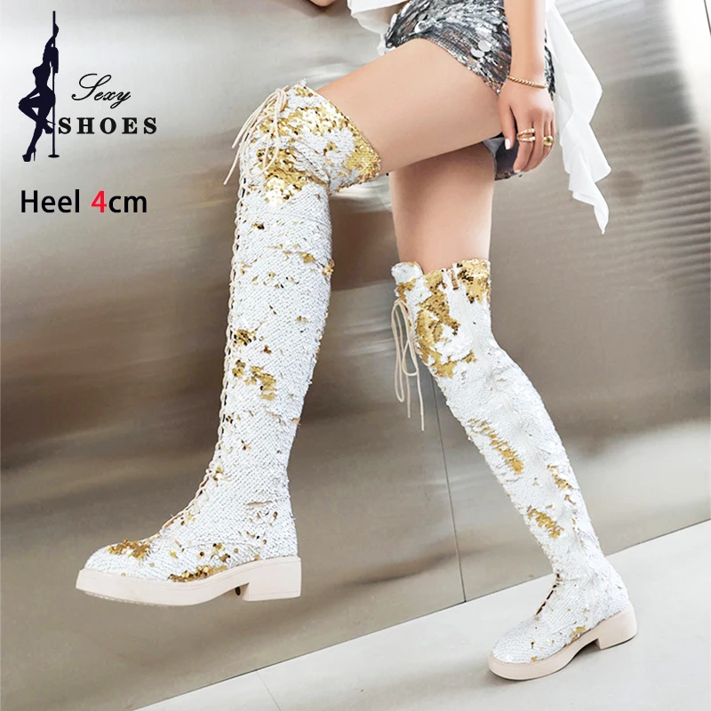 Women Over The Knee Boots Winter Fashion Sequined Shoes Big Size Club Fetish Ladies Shoes Sexy Flat Thigh High Designer Boots