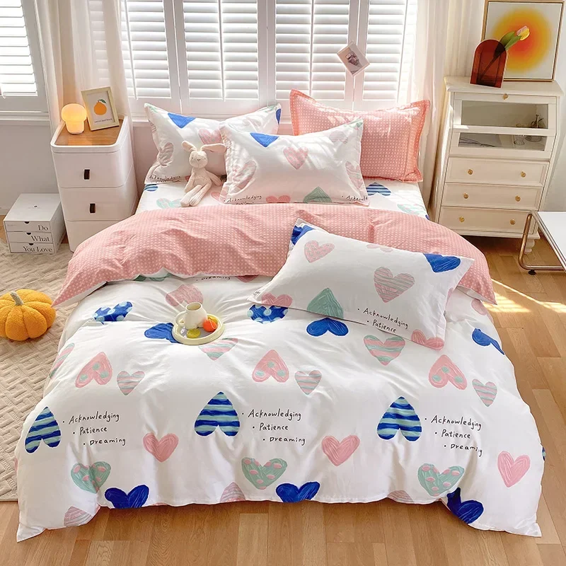 Love Duvet Cover Twin/Full Kawaii Heart Shaped Pattern Bedding Set Cotton Soft Reversible Plaid Comforter Cover with Pillowcase