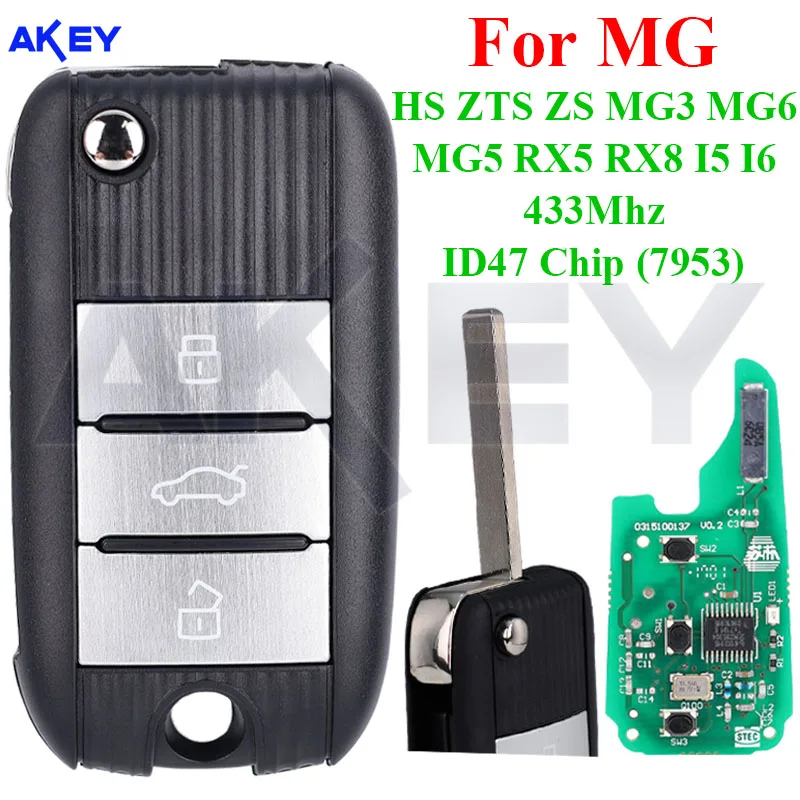 3 Buttons Auto Smart Remote Key Flip Folding Car Key 433Mhz with ID47 Chip (7953) for MG HS ZTS ZS MG3 MG6 MG5 RX5 RX8 I5 I6