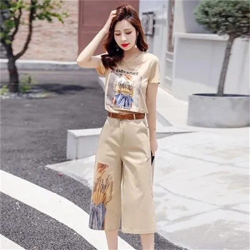 Fashion Cotton Suit Summer Clothing Women Temperament Calf-Length wide-leg pants Cotton T-shirt Two-Piece Set Shorts Sets Female