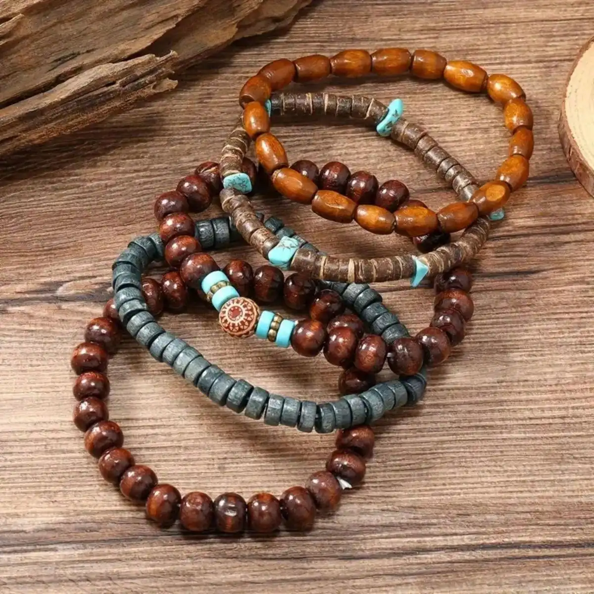 5 Pcs/Set Retro, Simple And Fashionable, Cool Bracelet, Wooden Bead Coconut Shell Bracelet. Suitable For Men/Ladies/Couples Dail