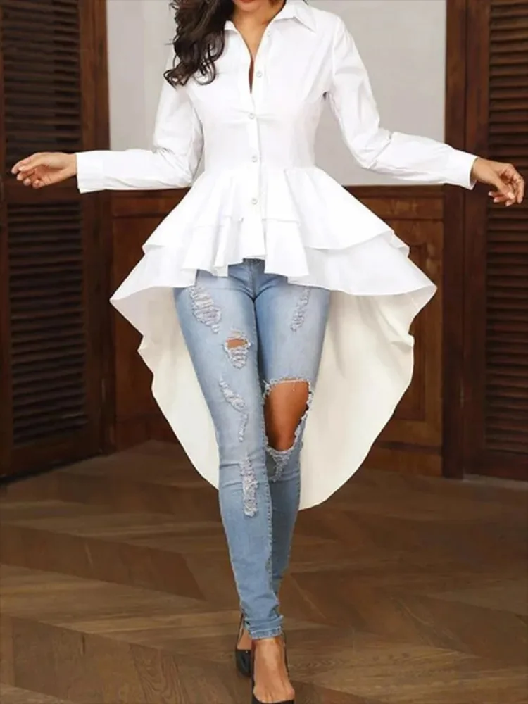 Yeezzi Women's High-Low Falbala Lapel A-line Blouses 2025 New Long Sleeves Buttoned Solid Color Trendy Casual Cotton Shirts Tops