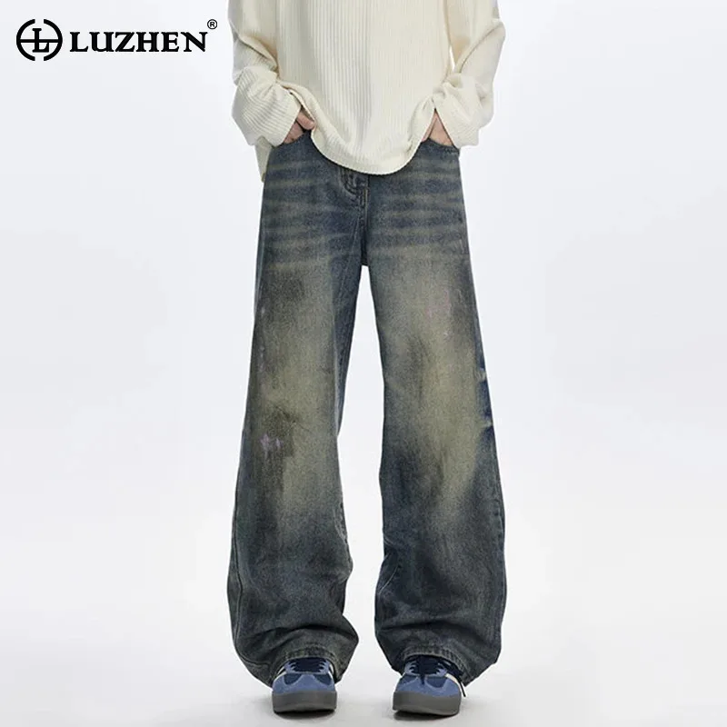 Luzhen lavado jeans vintage em linha reta casual original masculino desgastado 2025 nova moda de alta qualidade perna larga calças jeans masculino jy4329
