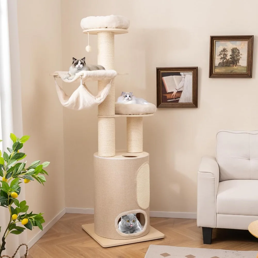 

Cat Tree Tower, 74 Inch Multi-Level Tall Cat Tower with Sisal Scratching Posts, 2-Story Cat Condo, 2 Hammocks, 2 Perche