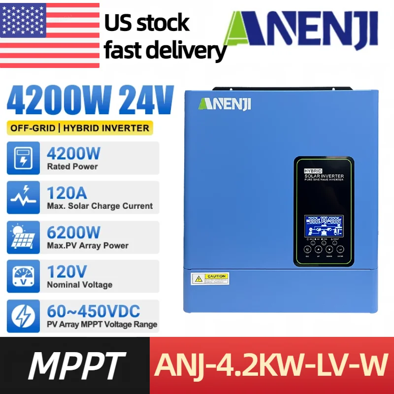 ANENJI NEW 110-120V 4.2KW 24V hybrid Solar Inverter built-in MPPT 120A Charger Controller Pure Sine Wave Home Inverter WiFi