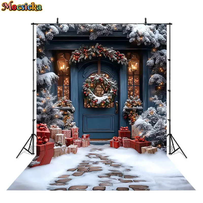 Mocsicka-クリスマスの背景写真,ドアリース,雪の贈り物,クリスマスツリーの装飾,赤ちゃんの写真,写真スタジオのアクセサリー