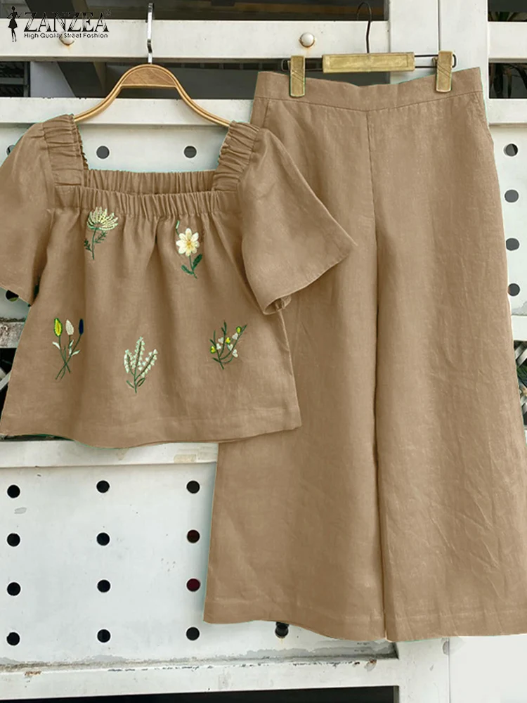 ZANZEA Frauen Kurzarm Quadrat Kragen Tops Elastische Taille Hose Sets Sommer Outfits Elegante Blumen Stickerei Zwei Stück Suts