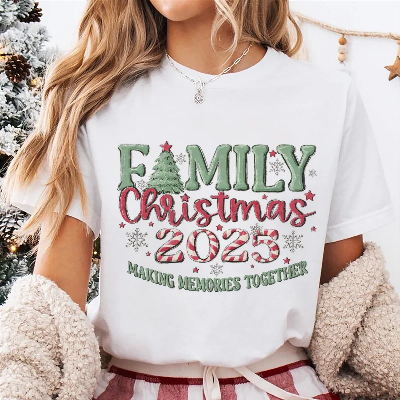 

Christmas Family 2025 Pattern T-Shirt Short Sleeve Cute Printed Round Neck Women's T-Shirt New Year Casual Women's White Top