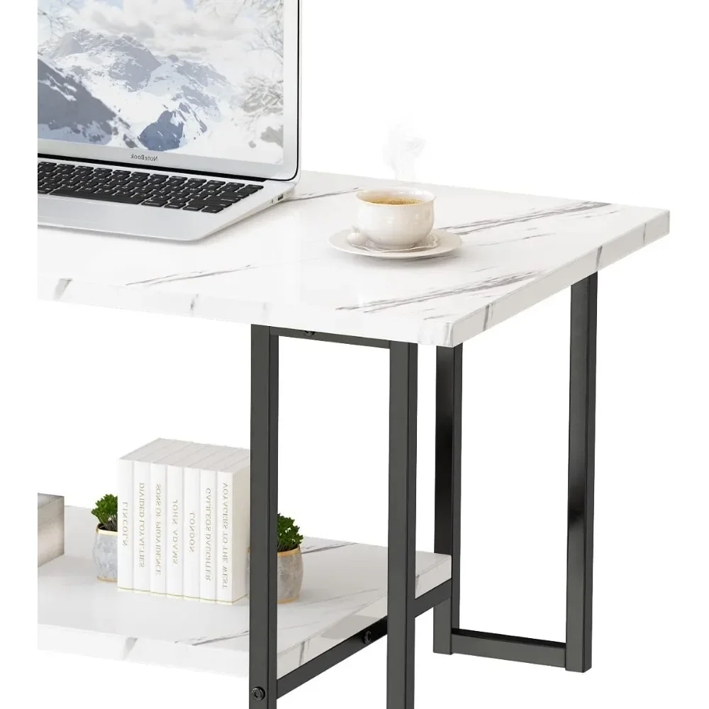 Rectangular Faux Marble Coffee Table with Black Metal Frame, 2 Tier Living Room Furniture for Modern Home Decor