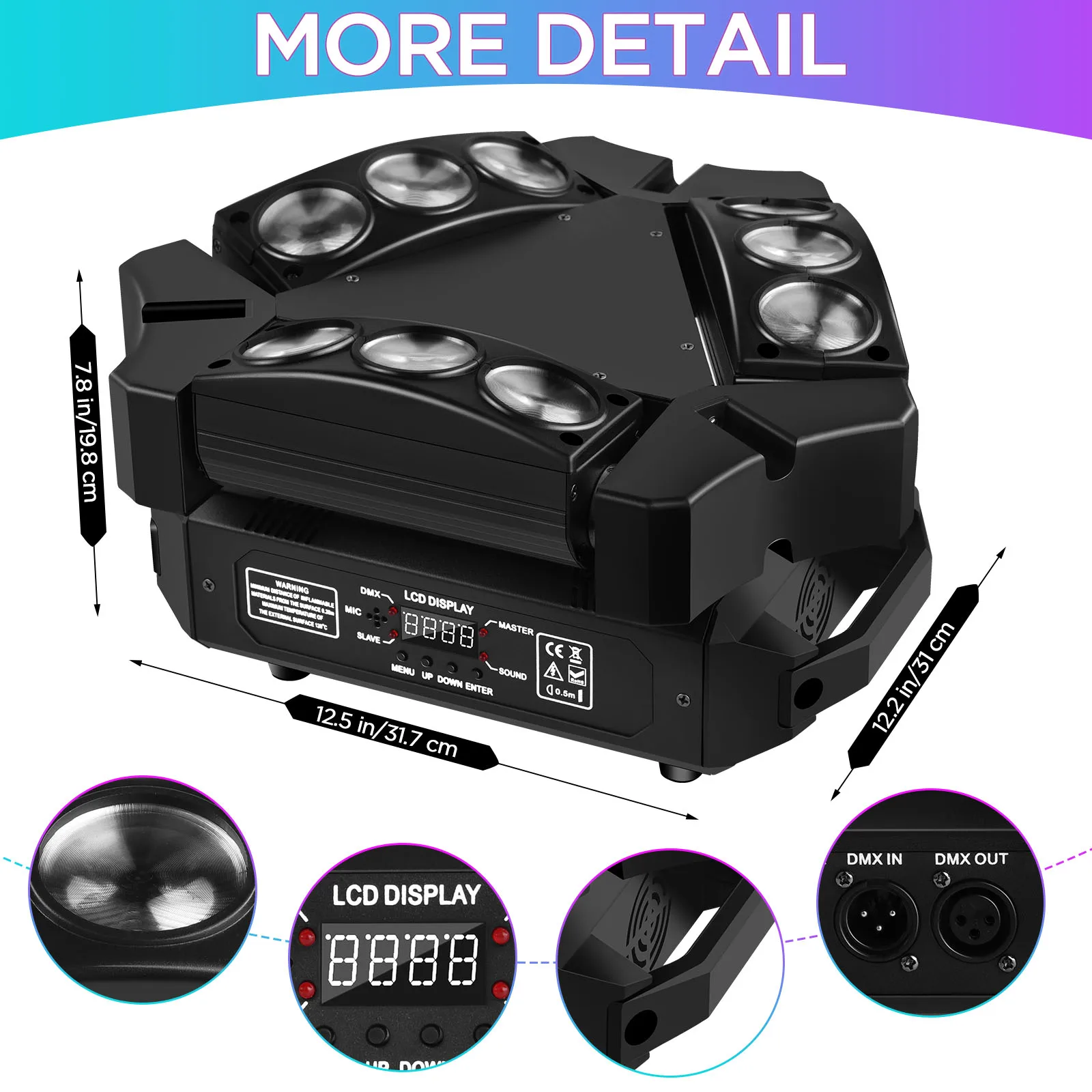 Fieryzeal 60W Mini 9 Heads Moving Head Light Stage Effect Light RGB LEDs DMX512 Sound Active Dj Lights Disco Lights