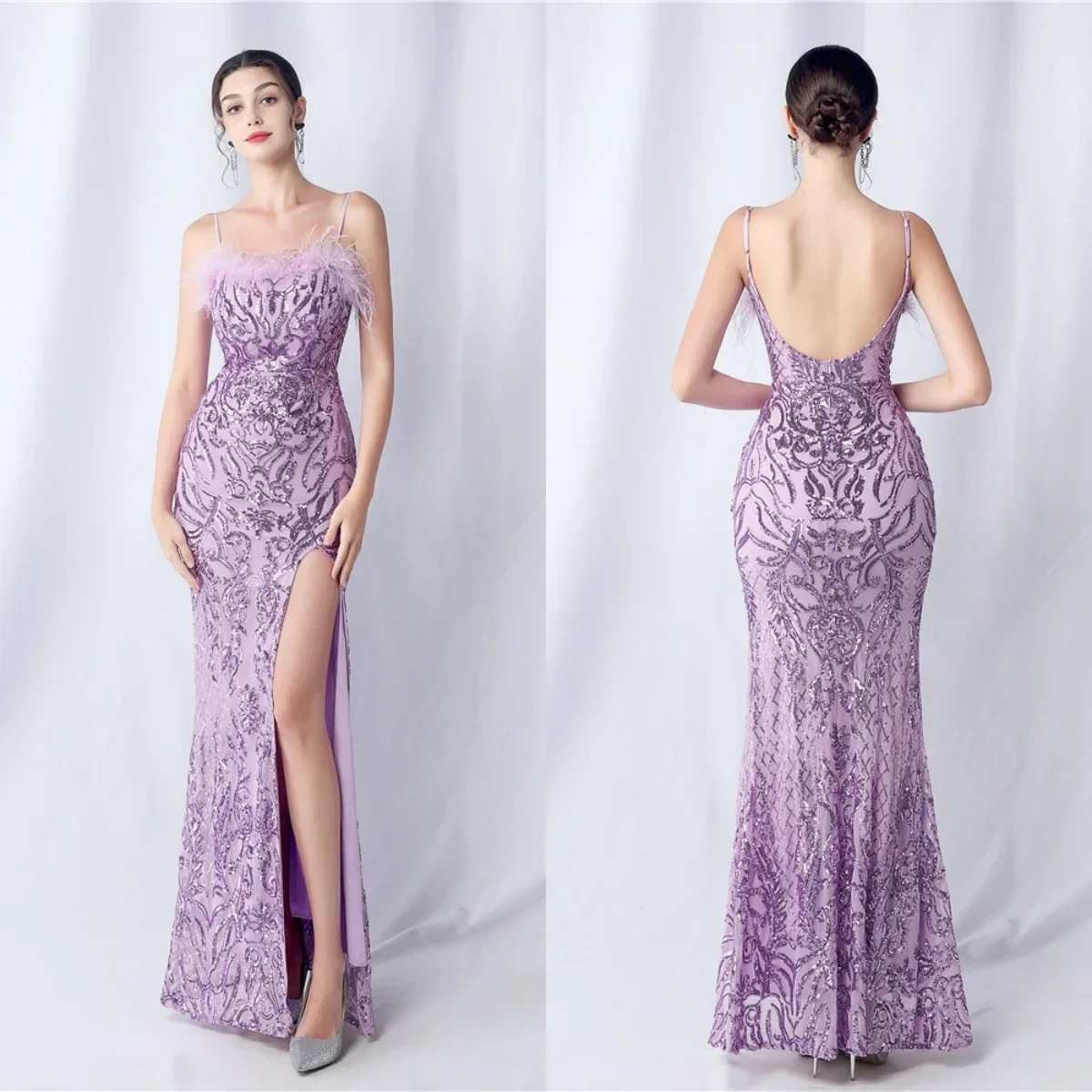 

Evening Dress Purple Stretchy Sgaphetti Straps Feather Zipper Mermaid Trumpet Floor Length Slit Women Party Formal Gown YE340