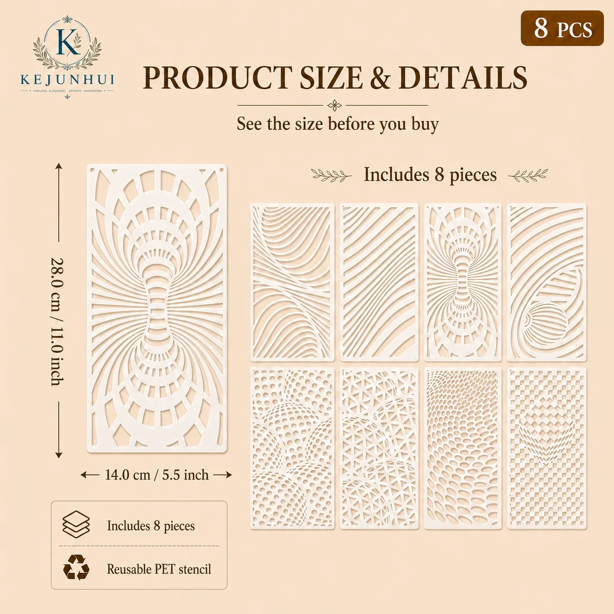8Pcs Geometric Texture Stencils Reusable PET Stencils for Painting Optical Pattern Craft Templates Wall Wood Fabric DIY Decor