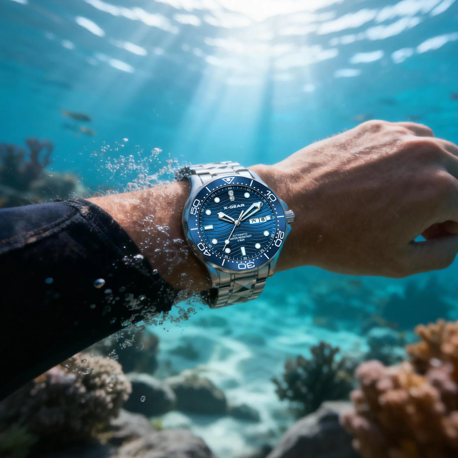 ساعة X-GEAR ميكانيكية أوتوماتيكية للرجال بإطار سيراميك من الفولاذ المقاوم للصدأ وأيدي مضيئة #5