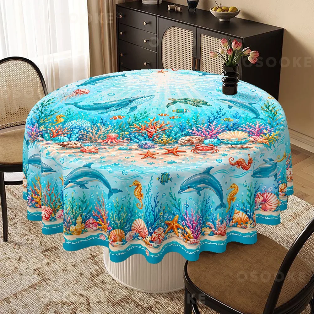 1 piece of ocean-themed tablecloth | Dolphin, whale, turtle and coral reef print design, polyester material, hemming process.yzb