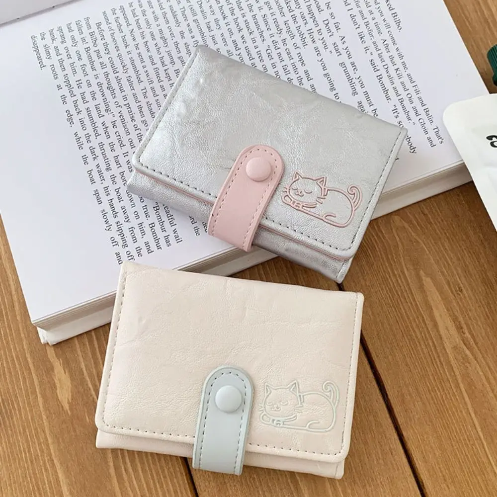 

Милый портативный кошелек с принтом кота, короткий кошелек из искусственной кожи, многофункциональный картхолдер, тройной складной кошелек для девочек