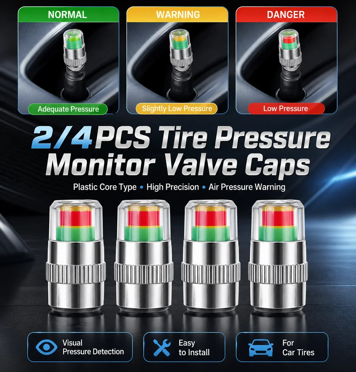 2/4pcs/Set Plastic Core Type Car Tire Valve Cap High Precision Tire Pressure Monitoring Cap Air Pressure Detection Warning