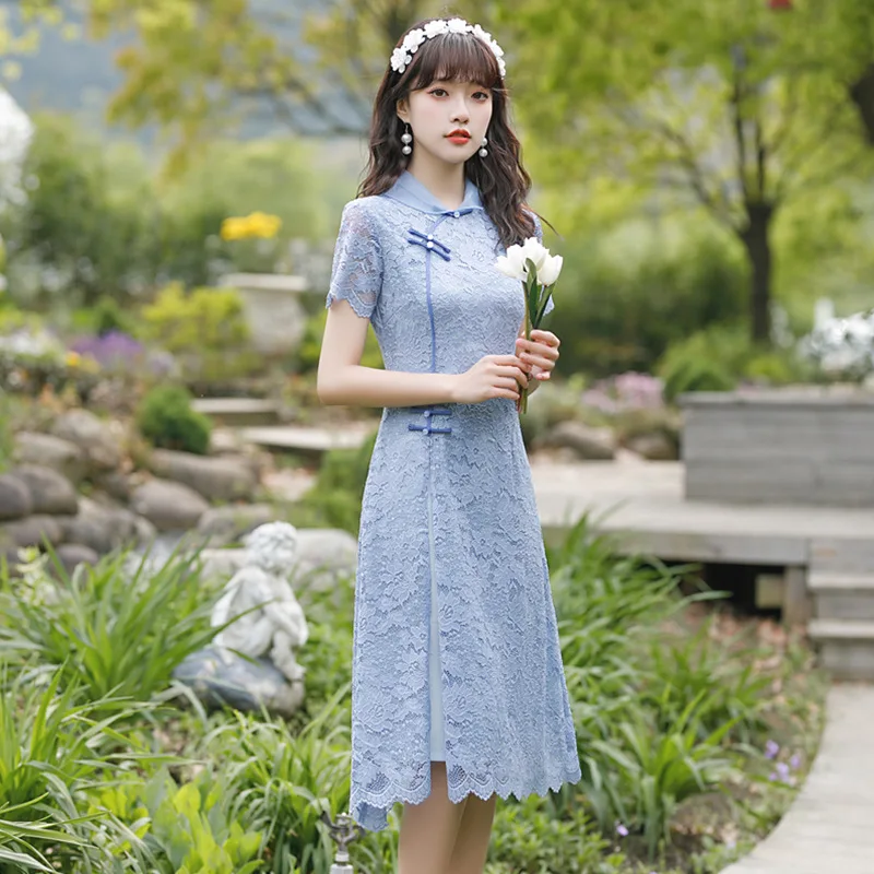 

3 Colors Summer New Women Beige Vintage Cheongsam Mid Long Lace Dresses Female Short Sleeve Improved Dress High Quality S2478