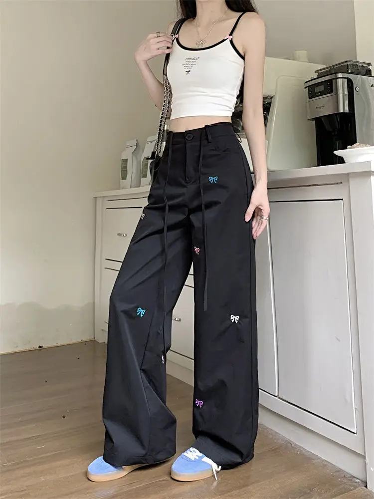 

High Waist Straight Pant Embroidery Bow Drawstring Black Cargo Pants Loose Trousers Women fairycore 00s grunge korean plus size