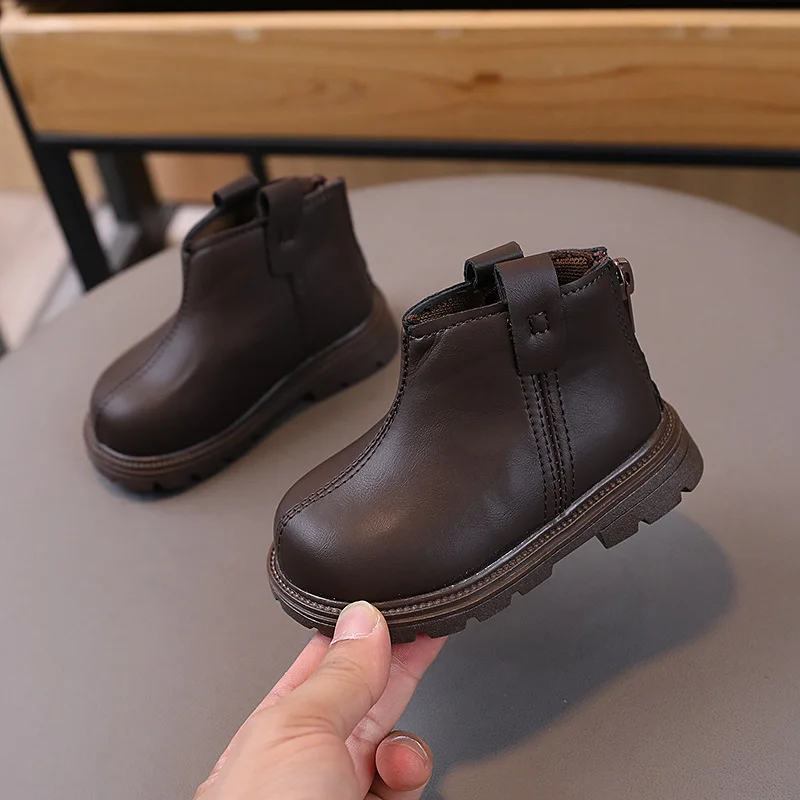 British Style Toddler Boots Fashion Zipper Non-Slip Girls Ankle Boots Leather Solid Color Boys Casual Shoes Student Short Boots