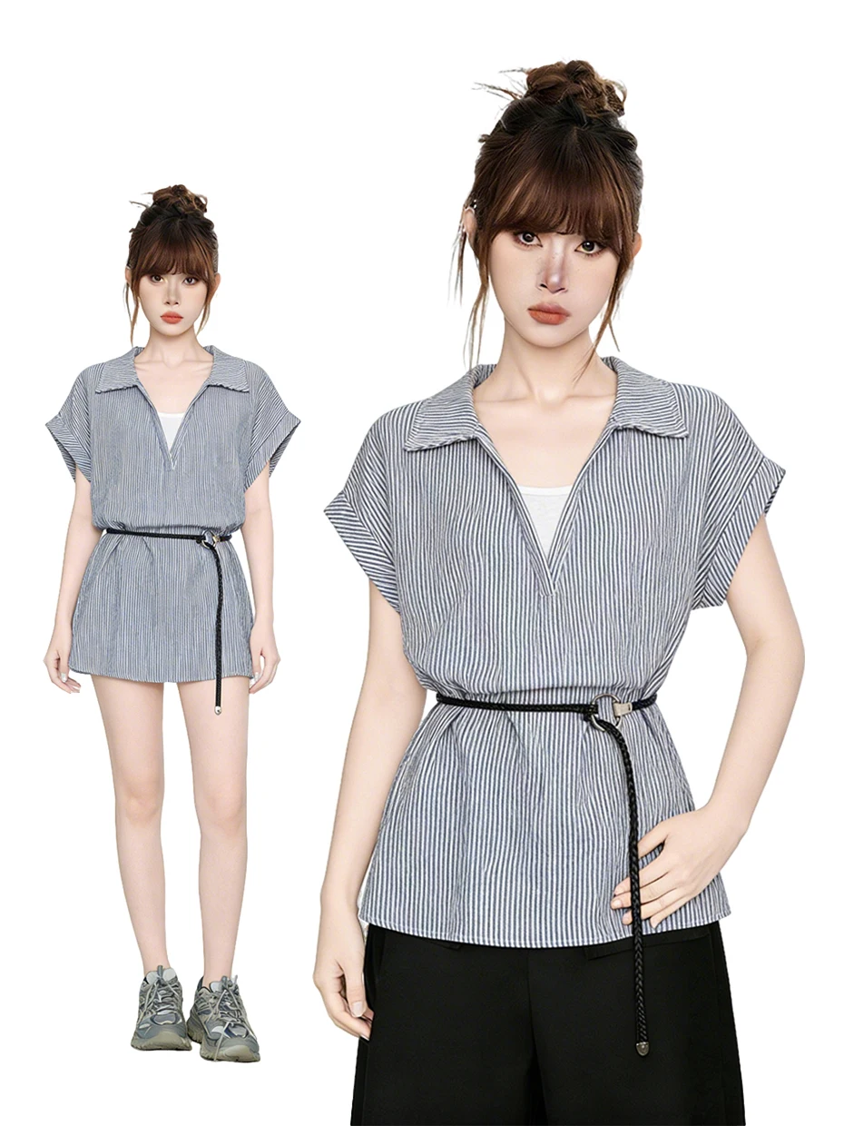 

Women's Denim Short Sleeve Shirt Waist Cinching Patchwork Layering Top Spring Summer New Style Commute Style Loose Fit
