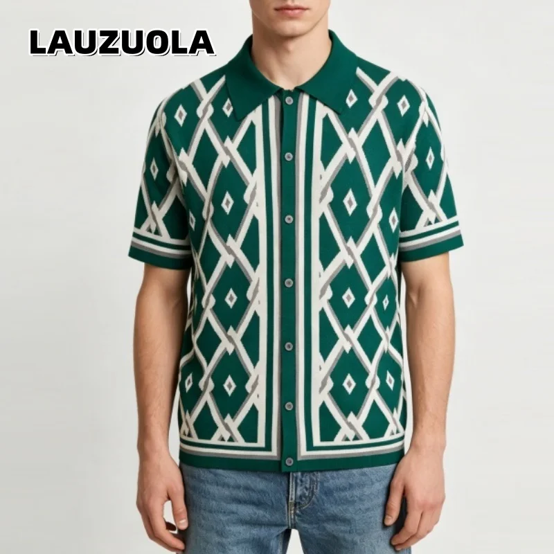 Men Vintage Argyle Geometric Jacquard Knit Shirt Short Sleeve Cardigan Ethnic Pattern Casual Knitted Tops Streetwear