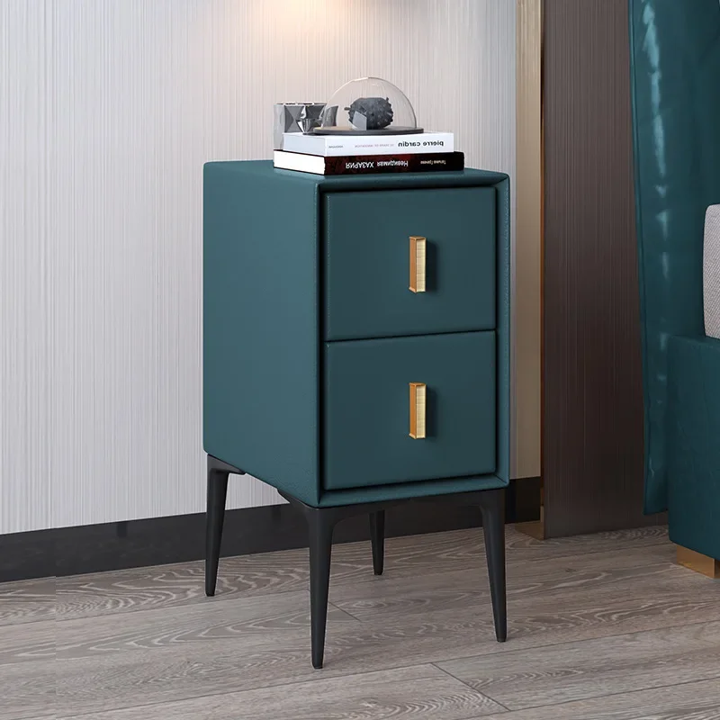 Nordic ultra-narrow leather bedside table modern minimalist home bedroom light luxury side cabinet solid wood small shelf