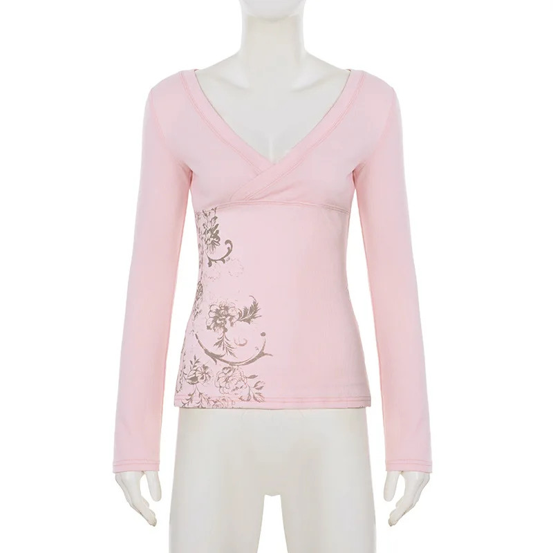 Roze Bloemenprint Vrouwen Fee Y2k T-shirt Coquette V-hals Lange Mouw Tees Herfst Lente Casual Truien Tops Vintage Kleding
